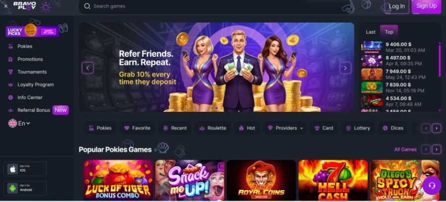 BravoPlay casino layout homepage for NZ players