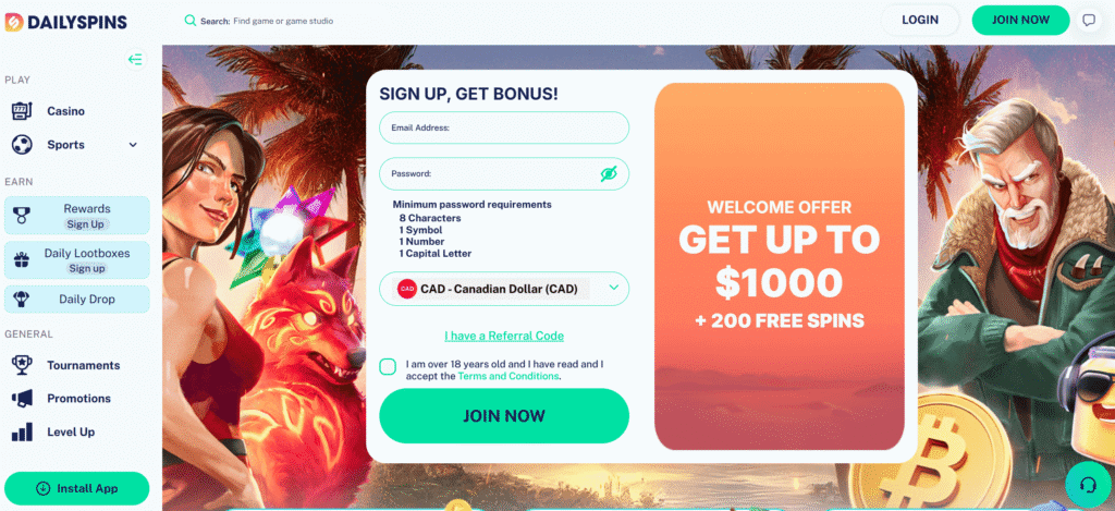 Dailyspins casino homepage and welcome bonus