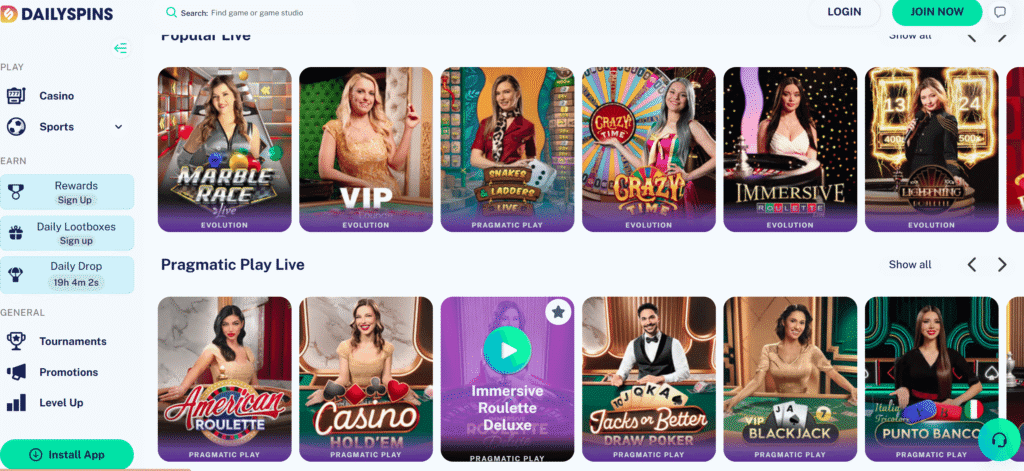 Dailyspins live casino games