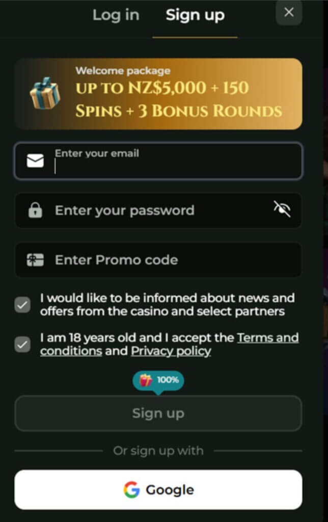 Goldzino NZ registration screen