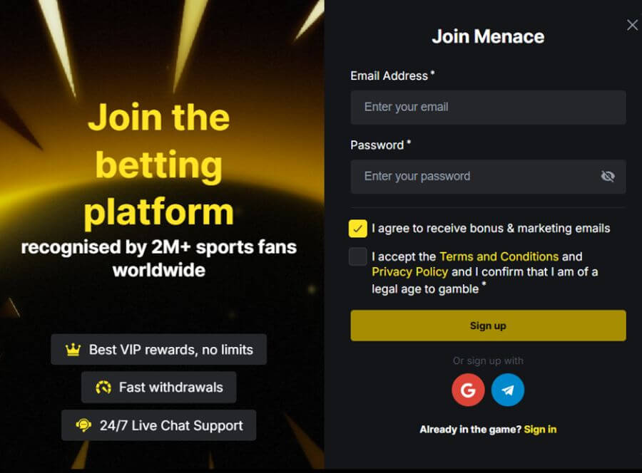 Menace NZ Sign up
