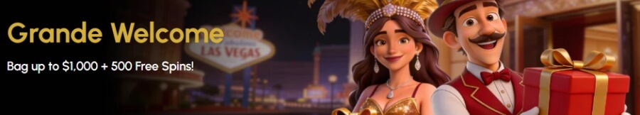An online casino promotional hero banner with a gold headline reading "Grande Welcome" and white subtitle "Bag up to $1,000 + 500 Free Spins!" on a dark background on the left. In the background stands the iconic "Welcome to Fabulous Las Vegas" neon sign, while 3D animated characters—a showgirl wearing a feathered headdress and a dapper man in a red vest holding a wrapped red gift with a gold ribbon—smile on the right.