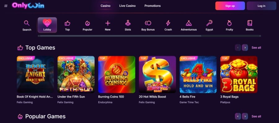 OnlyWin Homepage layout