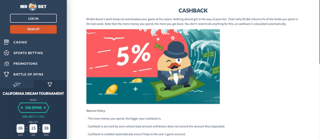 Mr.Bet Cashback bonus up to 5% of your spend.