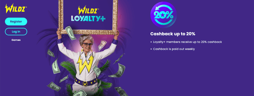 Up to 20% cashback bonus for NZ Wildz Loyalty+ members.