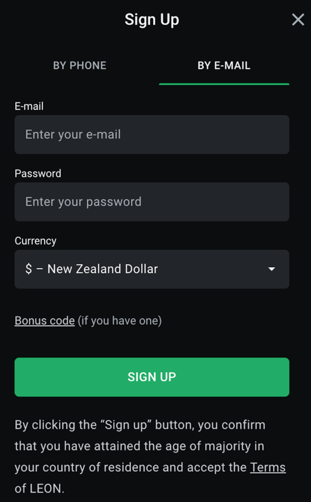 Leon Casino sign up by e-mail for NZ players
