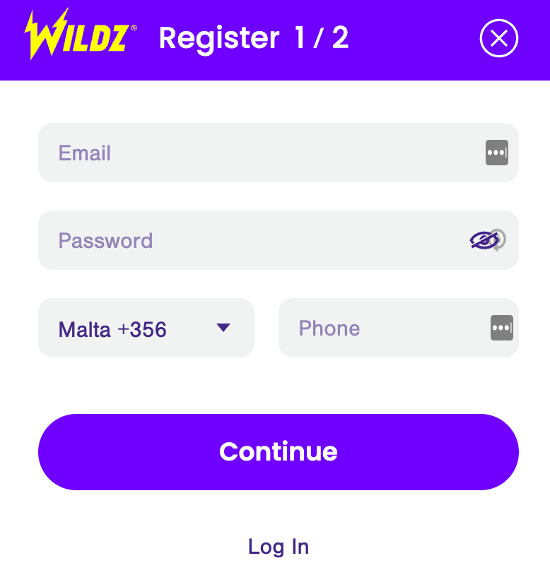 Registration Wildz Casino Step 1