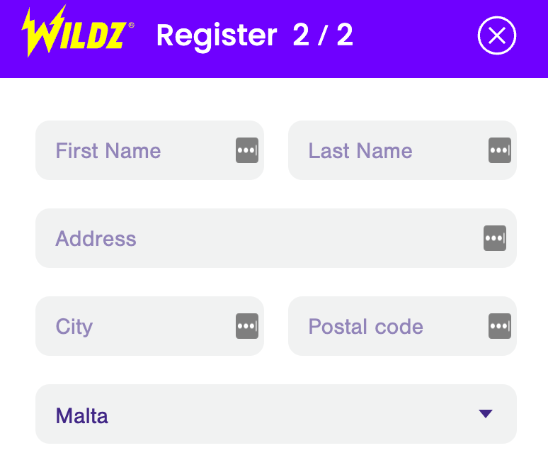 Registration Wildz Casino Step 2