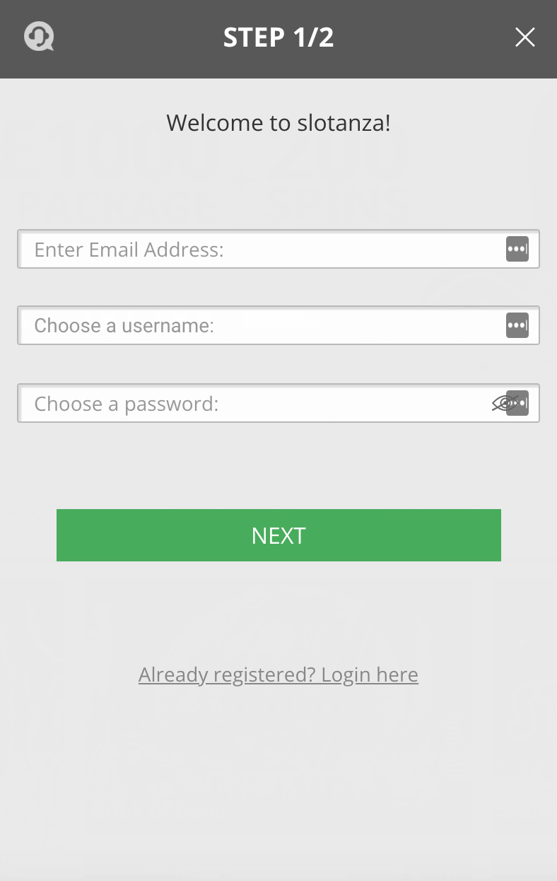 Slotanza Account Registration Step 1