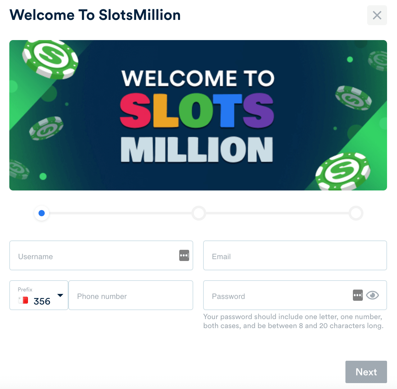 SlotsMillion Registration Step 1