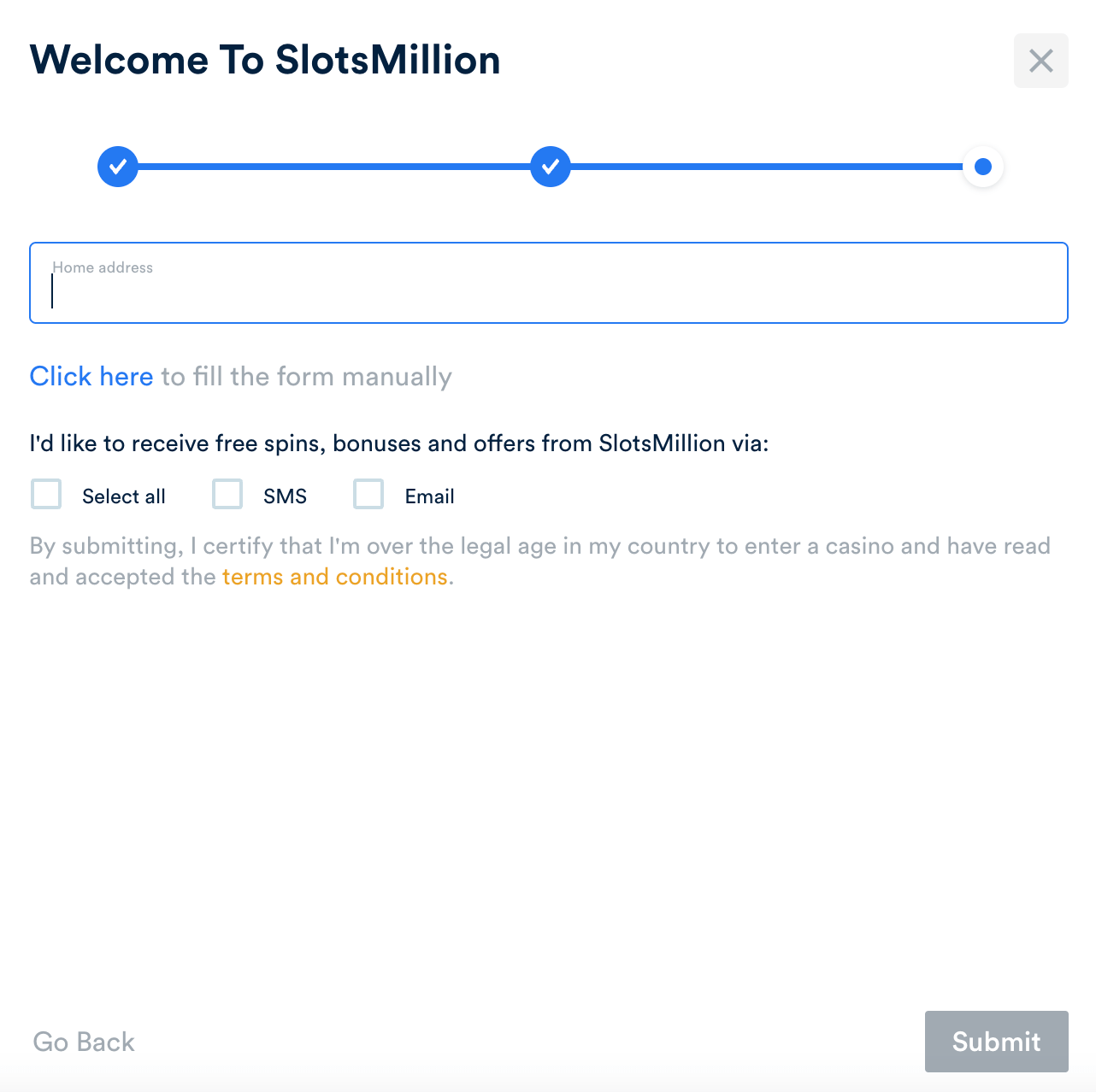 SlotsMillion Registration Step 3