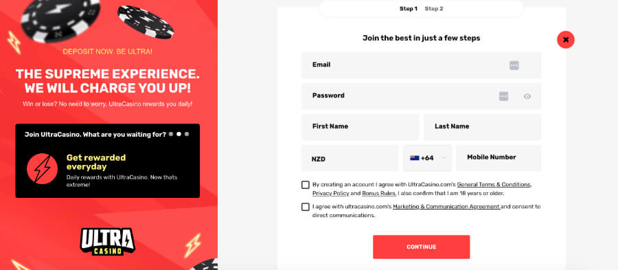 UltraCasino Registration process