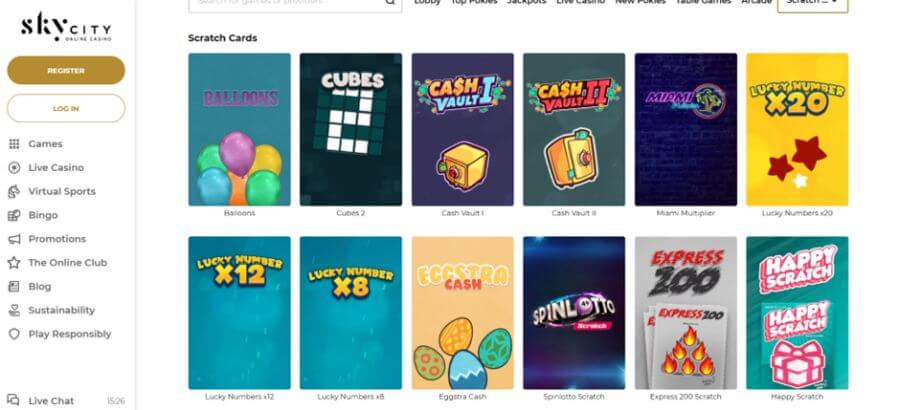 SkyCity Online Casino Scratchcard Lobby NZ