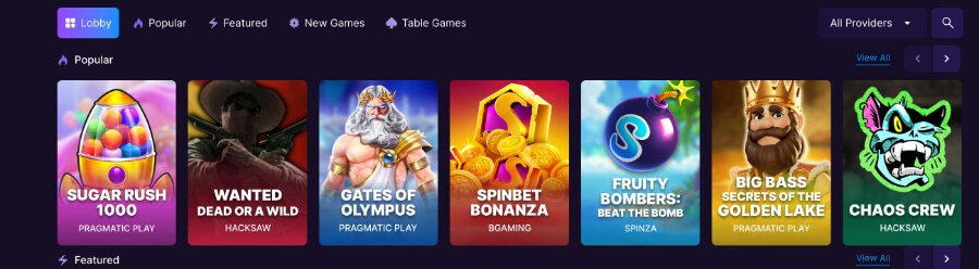 SpinBet's game lobby