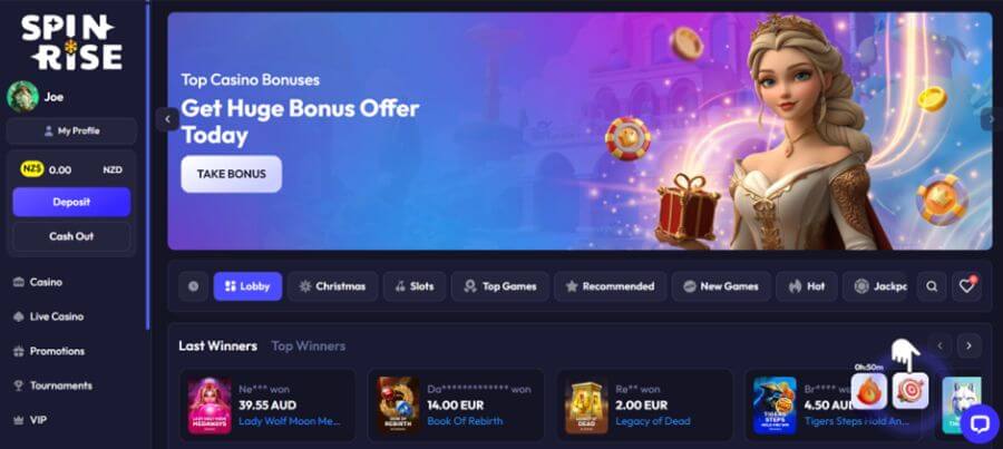 Spinrise NZ Casino Welcome Page