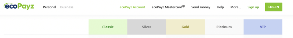 The five different EcoPayz account types for NZ Players - Classic, Silver, Gold, Platinum and VIP.