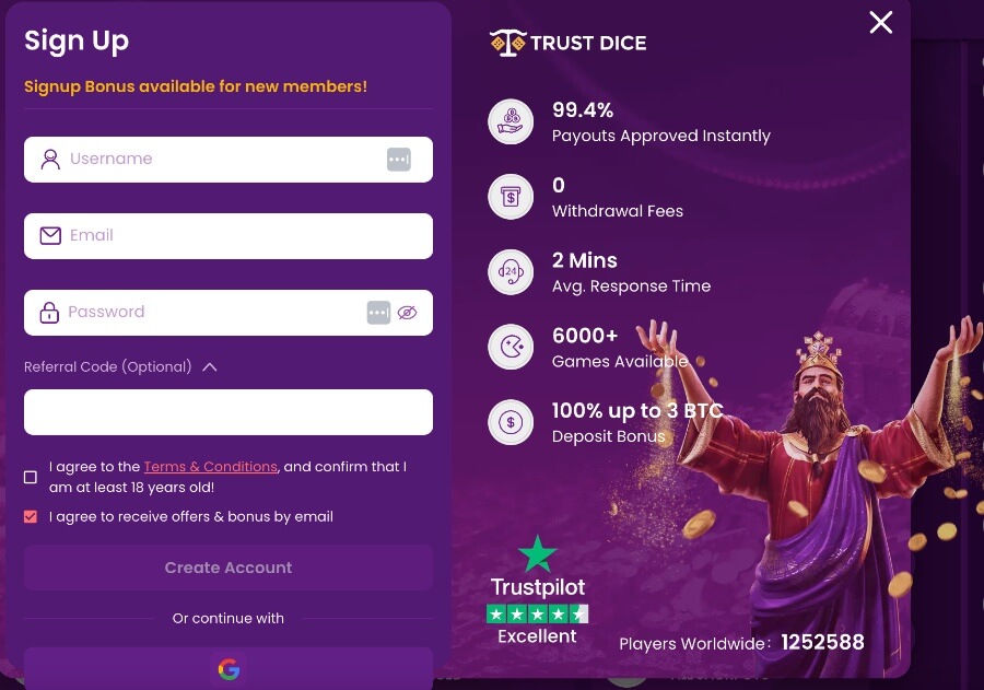 TrustDice sign up process