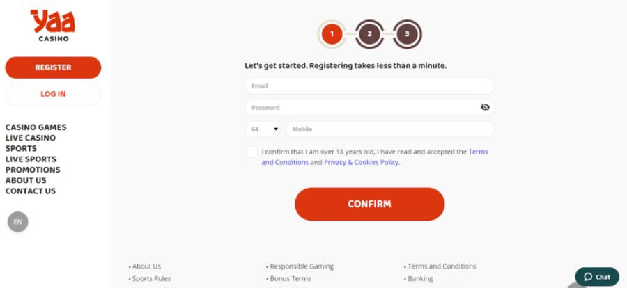 Registration process for YaaCasino