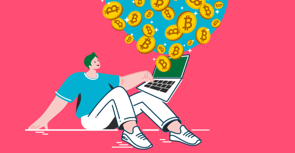 Image of a person and a laptop looking at bitcoins