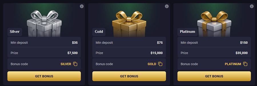 A side-by-side display of three mystery bonus gift box cards for RollXO Casino set on a dark background. Left card: Silver tier showing a 3D silver gift box with ribbon, Min deposit $35, Prize $7,500, and Bonus code SILVER with a gold "GET BONUS" button. Center card: Gold tier showing a 3D gold gift box, Min deposit $75, Prize $15,000, and Bonus code GOLD. Right card: Platinum tier showing a 3D silver gift box tied with a gold ribbon, Min deposit $150, Prize $35,000, and Bonus code PLATINUM.