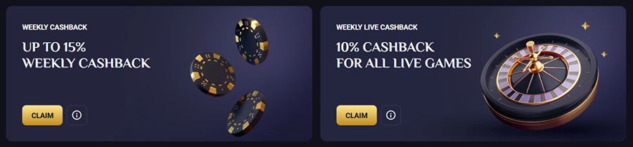 A side-by-side pair of dark purple promotional cashback cards for RollXO Casino. Left card: titled "WEEKLY CASHBACK" with bold headline text "UP TO 15% WEEKLY CASHBACK", featuring 3D floating black-and-gold casino chips and a gold "CLAIM" button. Right card: titled "WEEKLY LIVE CASHBACK" reading "10% CASHBACK FOR ALL LIVE GAMES", featuring a 3D black-and-gold roulette wheel with gold stars and a "CLAIM" button.