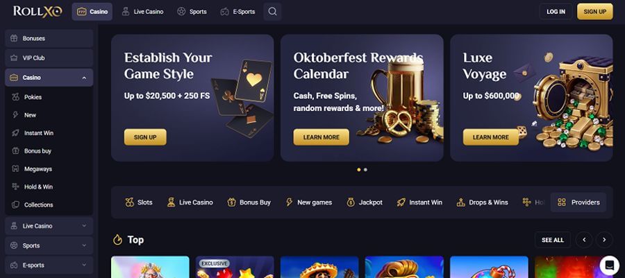 RollXO online casino homepage interface screenshot set against a dark purple theme displaying a top navigation bar, side menu, hero promotion banners, and lobby categories. The left sidebar features game categories including Pokies, VIP Club, Instant Win, Bonus Buy, Megaways, and Hold & Win. The top promotional carousel highlights three hero offers: "Establish Your Game Style - Up to $20,500 + 250 FS" with playing card graphics; "Oktoberfest Rewards Calendar - Cash, Free Spins, random rewards & more!" with beer stein and pretzel graphics; and "Luxe Voyage - Up to $600,000" displaying a gold bank vault overflowing with cash and gems. Below, quick filter icons show Slots, Live Casino, Bonus Buy, New Games, Jackpot, and Drops & Wins above a "Top" game row.