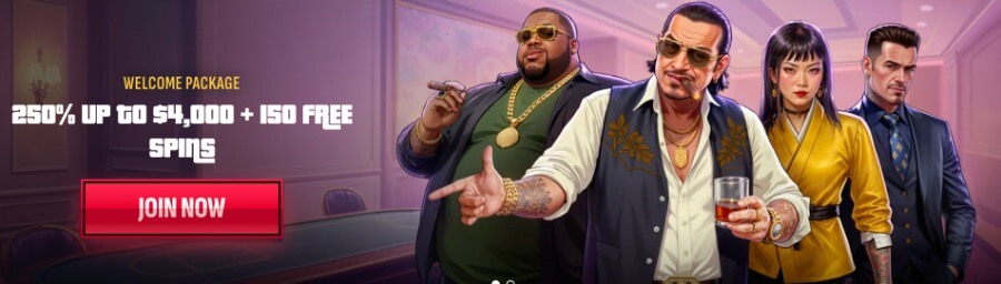 Mafia Casino welcome bonus banner offering 250 percent deposit match up to 4000 plus 150 free spins