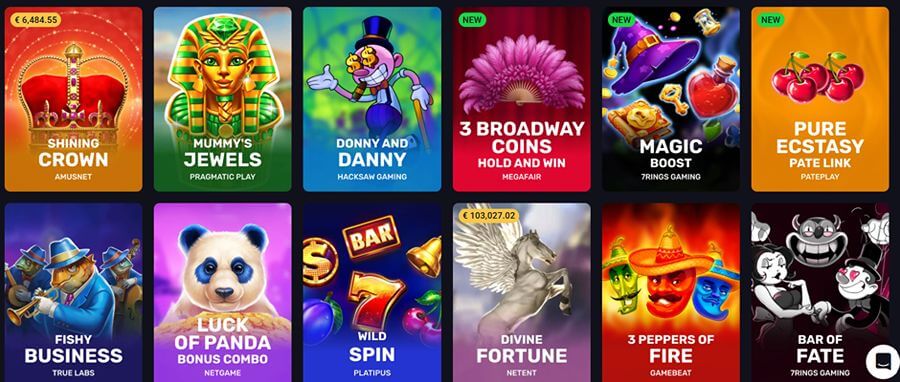 An online casino pokie lobby grid displaying twelve game cards with provider names set on a dark background. The top row features Amusnet's Shining Crown with a €6,484.55 jackpot badge; Pragmatic Play's Mummy's Jewels; Hacksaw Gaming's Donny and Danny; Megafair's 3 Broadway Coins Hold and Win with a green "NEW" badge; 7Rings Gaming's Magic Boost tagged "NEW"; and Pateplay's Pure Ecstasy Pate Link tagged "NEW". The bottom row showcases True Lab's Fishy Business; NetGame's Luck of Panda Bonus Combo; Platipus's Wild Spin; NetEnt's progressive jackpot pokie Divine Fortune showing a €103,027.02 jackpot ticker; Gamebeat's 3 Peppers of Fire; and 7Rings Gaming's Bar of Fate.