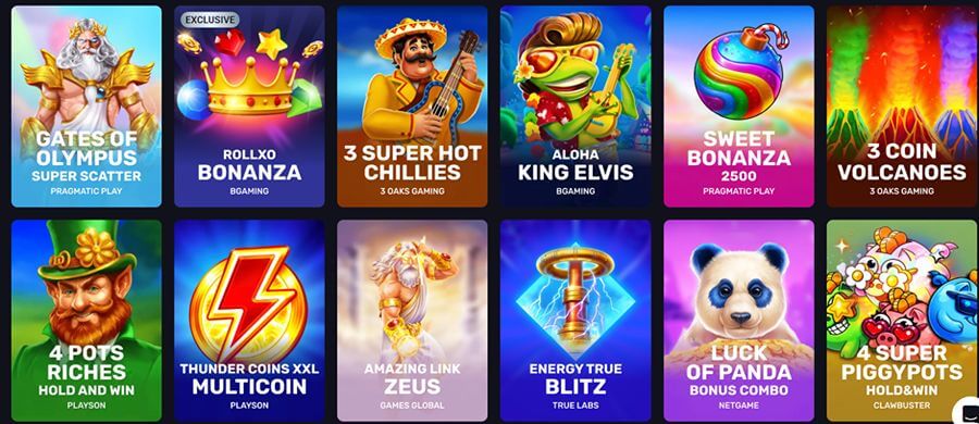An online casino pokie lobby grid featuring twelve game cards with software provider logos on a dark background. Top row: Pragmatic Play's Gates of Olympus Super Scatter; BGaming's RollXO Bonanza with a grey "EXCLUSIVE" badge; 3 Oaks Gaming's 3 Super Hot Chillies; BGaming's Aloha King Elvis; Pragmatic Play's Sweet Bonanza 2500; and 3 Oaks Gaming's 3 Coin Volcanoes. Bottom row: Playson's 4 Pots Riches Hold and Win; Playson's Thunder Coins XXL Multicoin; Games Global's Amazing Link Zeus; True Labs' Energy True Blitz; NetGame's Luck of Panda Bonus Combo; and Clawbuster's 4 Super PiggyPots Hold&Win.