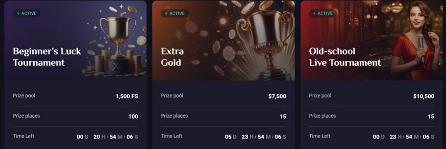 A horizontal display of three active online casino tournament cards for RollXO Casino set on dark cards with green "ACTIVE" status badges. Left card: Beginner's Luck Tournament with a gold trophy and coin graphics, displaying Prize pool: 1,500 FS, Prize places: 100, and countdown timer. Center card: Extra Gold showing a gold trophy with flying coins, Prize pool: $7,500, and Prize places: 15. Right card: Old-school Live Tournament featuring a live host in a red dress holding a microphone, displaying Prize pool: $10,500, and Prize places: 15.