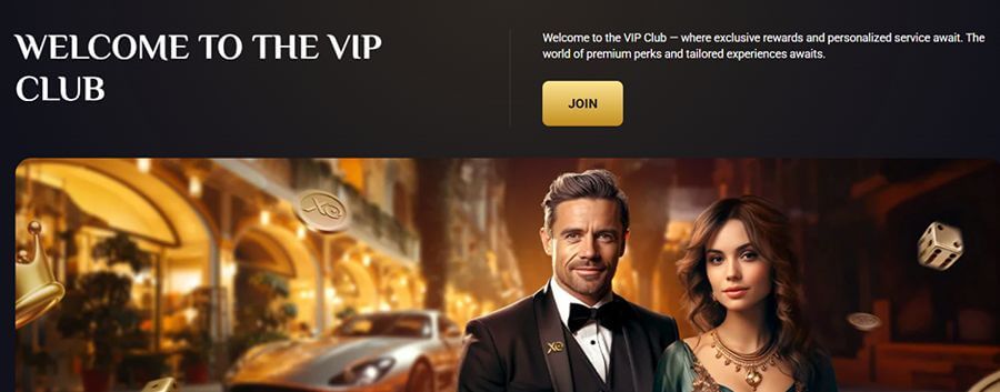 RollXO Casino VIP Club promotional hero banner set against a dark top header and a high-society luxury scene background. Top left features bold headline text reading "WELCOME TO THE VIP CLUB". Top right includes subtext "Welcome to the VIP Club — where exclusive rewards and personalized service await. The world of premium perks and tailored experiences awaits." above a gold "JOIN" button. The main visual shows a sharply dressed man in a tuxedo with an XO lapel pin standing next to an elegantly dressed woman in a gold necklace, set outside a lit villa with a silver luxury sports car, floating XO gold coins, a gold crown, and a golden die.