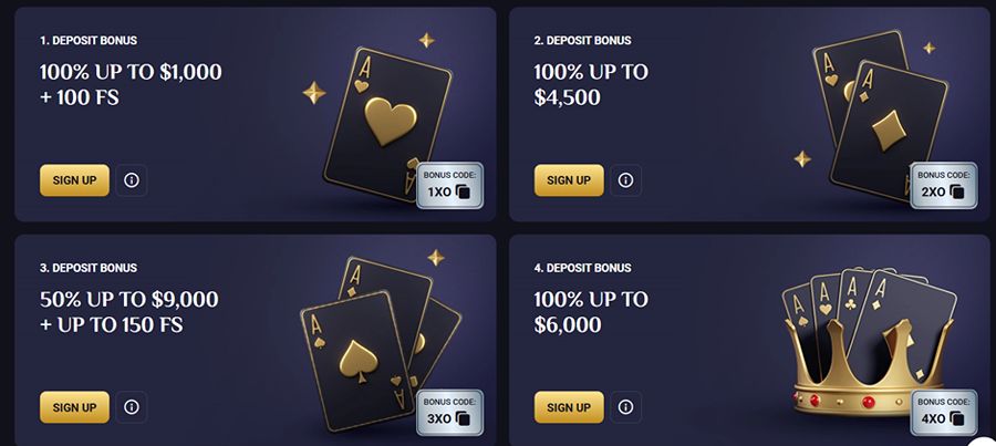 A 2x2 promotional welcome package grid on a dark purple theme breakdown showing four sequential deposit bonuses for RollXO Casino. Top-left card: 1. DEPOSIT BONUS 100% UP TO $1,000 + 100 FS with an Ace of Hearts card and bonus code 1XO. Top-right card: 2. DEPOSIT BONUS 100% UP TO $4,500 with two playing cards and bonus code 2XO. Bottom-left card: 3. DEPOSIT BONUS 50% UP TO $9,000 + UP TO 150 FS with three aces and bonus code 3XO. Bottom-right card: 4. DEPOSIT BONUS 100% UP TO $6,000 featuring four aces in a gold crown and bonus code 4XO. Each tile features a gold "SIGN UP" button.